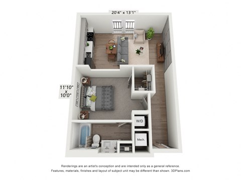 a 3d floor plan of a 1 bedroom apartment
